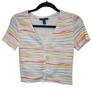 Forever 21 Women's L Striped Button Up Shirt Heart Buttons Colorful